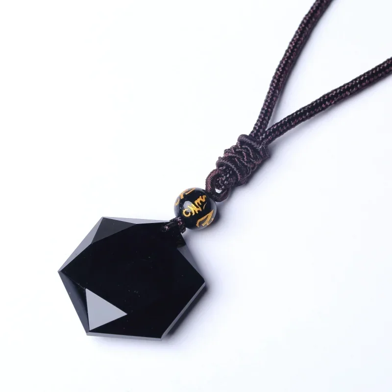 Black Obsidian Six Awn Star Pendant Necklace   Jewelry Jade  Fine  Carved Amulet Gifts for Women Men