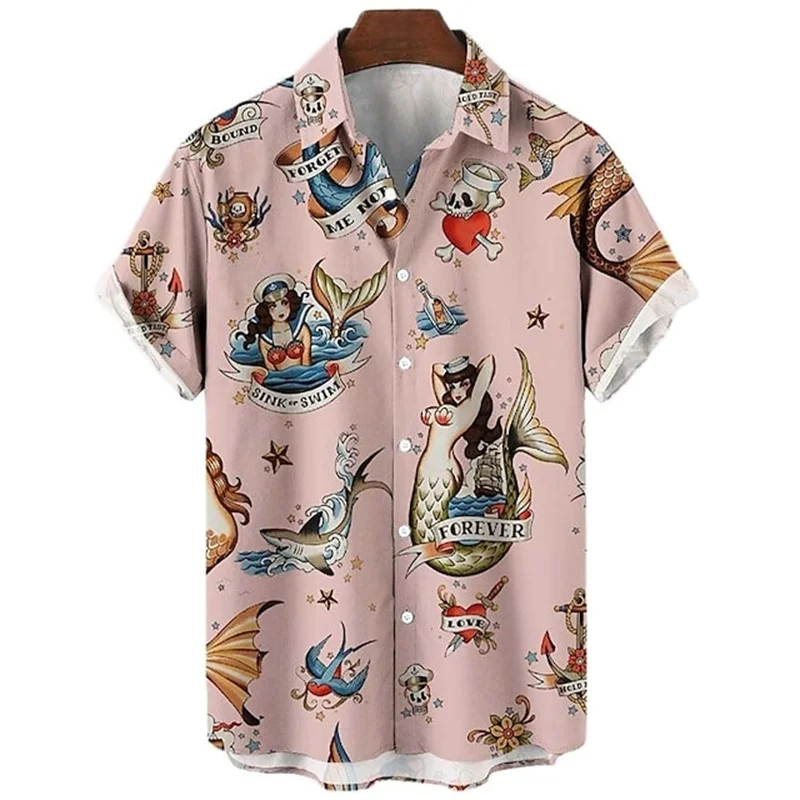 Summer Casual Mermaid Retro 3D Print Men's Hawaiian Lapel Short-Sleeved Shirt