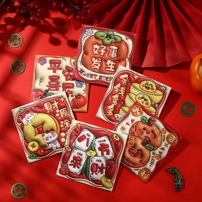 6Pcs 3D Effect Chinese New Year Red Envelopes Cute Money Envelope Spring Festival Snake Year Bring Good Luck Hongbao 2025 Decor