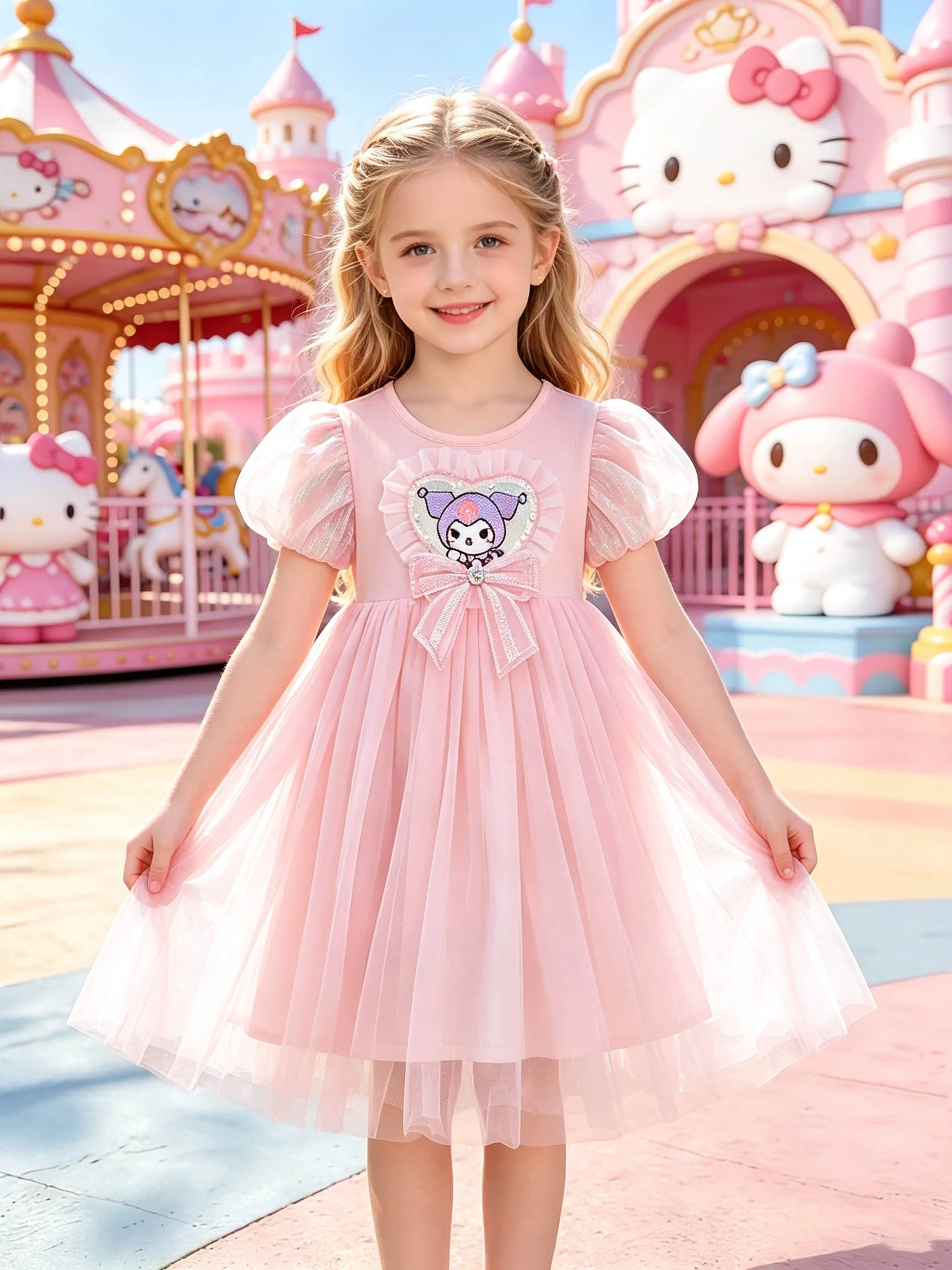 Pink Kuromi Girls' Puff Sleeve Princess Dress with Heart Bows, Multi-Layer Soft Tulle Fluffy Dress