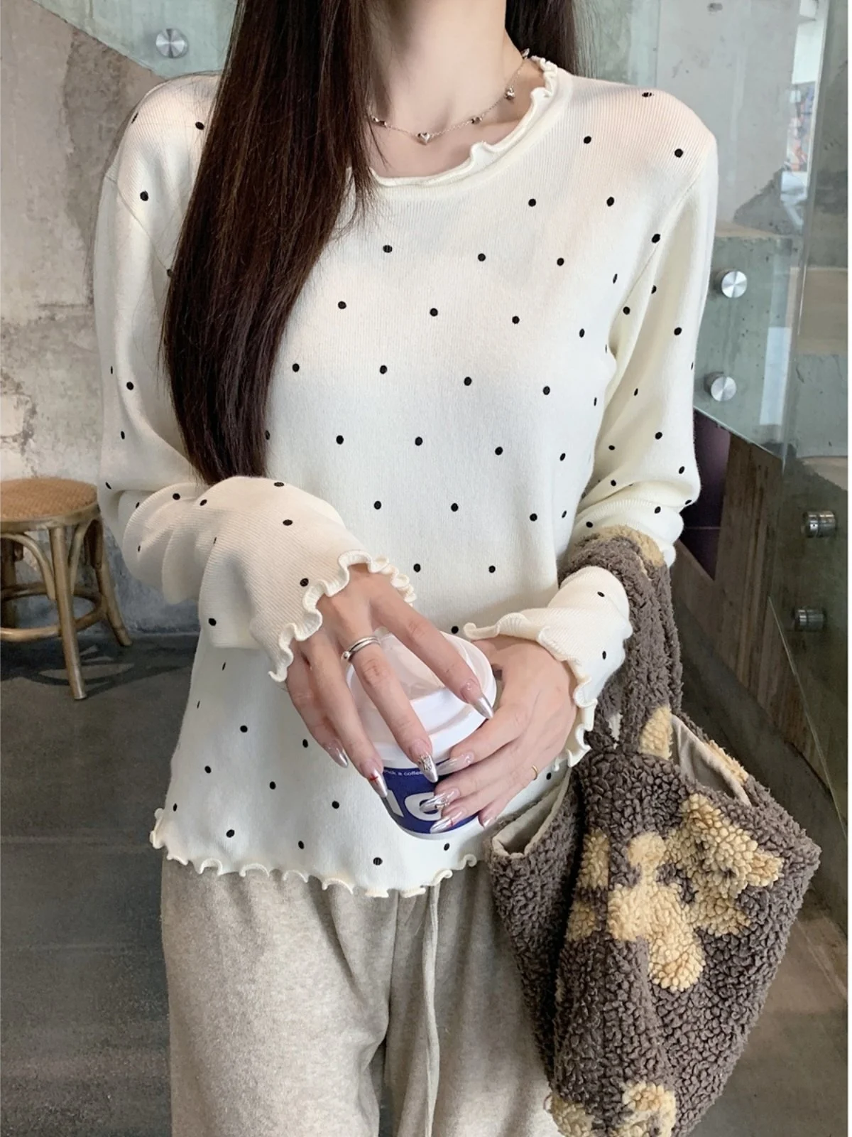 Girls Long Sleeve T-Shirt Lace Collar Polka Dot Base Layer Shirt Autumn Winter Wear Floral Print Slim Fit Polyester Fiber