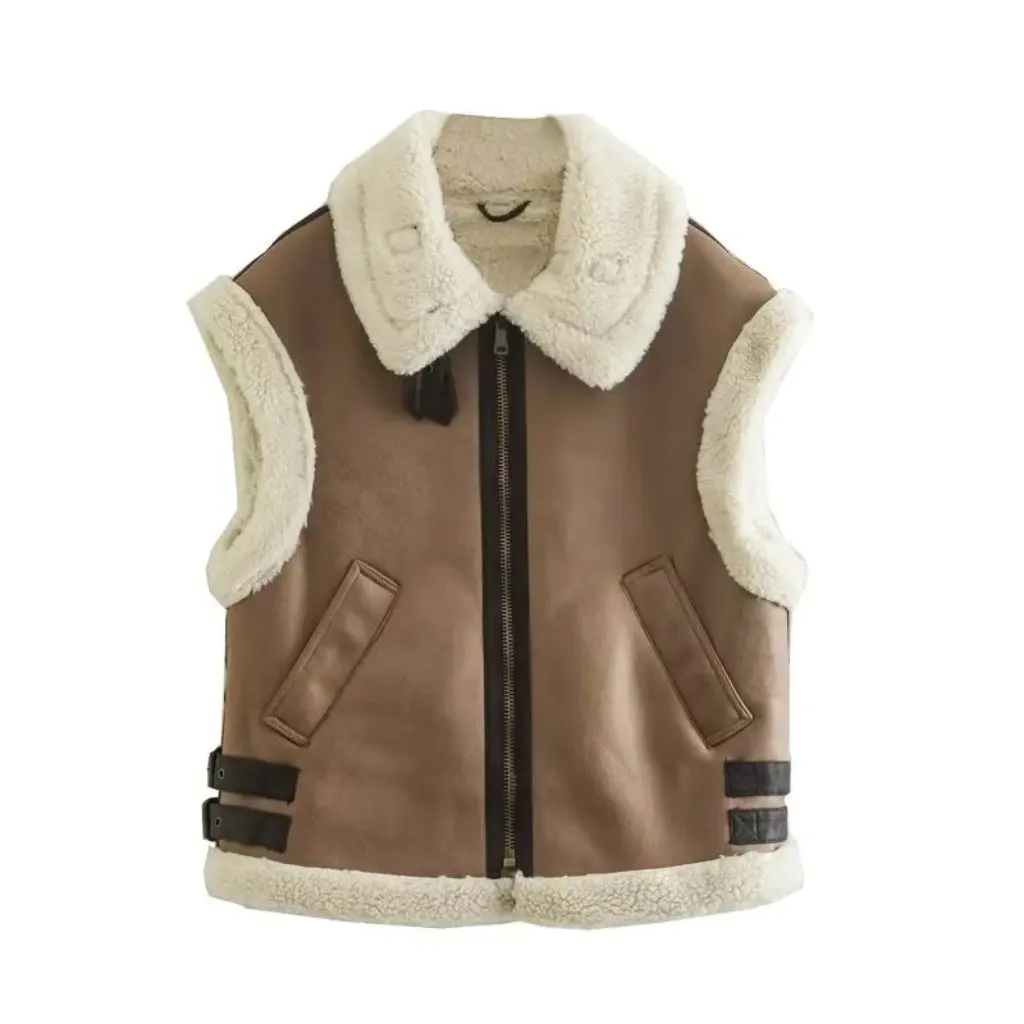 

Women's European American Trendy Lapel Sleeveless Fleece Splicing Vest Loose Zipper Design for Winter New 24 Style Top