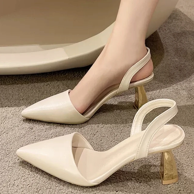 2024 summer new gentle evening wind pointy head after empty slippers women's shoes High-heeled shoes pumps