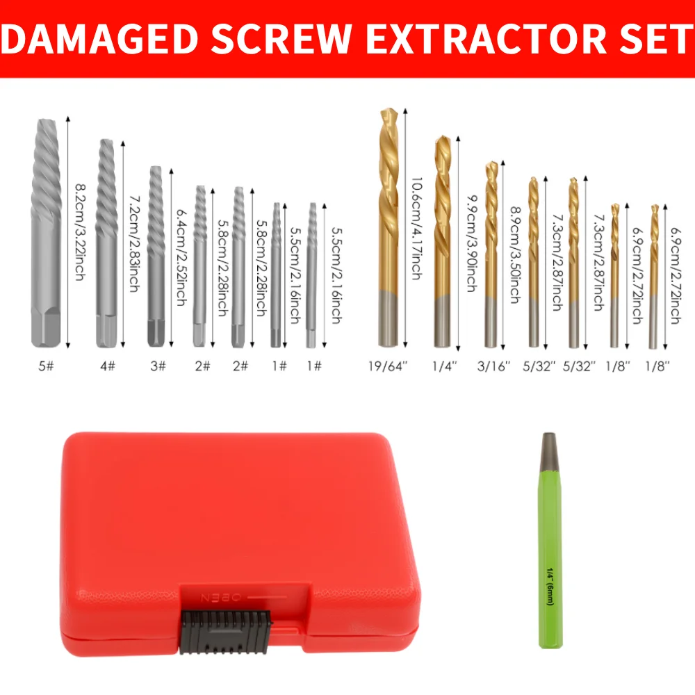 

Набор из 15 экстракторов для винтов со сверлами из быстрорежущей стали. Набор для легкого снятия болтов для зачищенных сломанных поврежденных винтов и закругленных болтов.