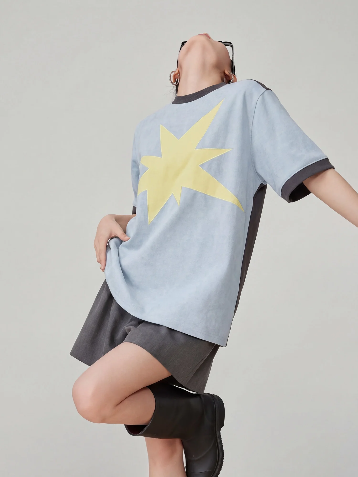 

Casual Style Blue Short Sleeve T-Shirt Women's Loose Fit round Neck Star Print Top Spring Summer New Arrival Ladies' Wear