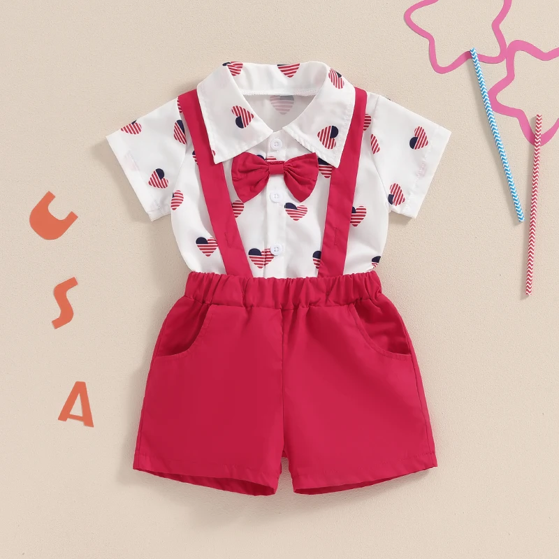 Toddler Boy Gentleman Outfit Patriotic Heart Print Button Romper with Bow Tie and Suspender Shorts Set for Formal Wear