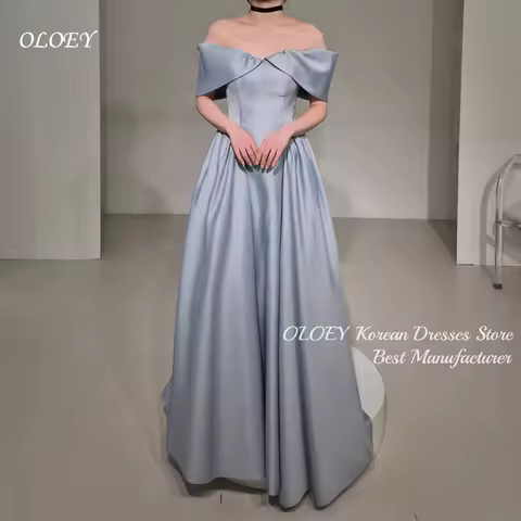 OLOEY Dusty Blue Off Shoulder Satin A-Line Evening Dress Korean Floor Length Party Dress Formal Celebrity Gowns Customized Women