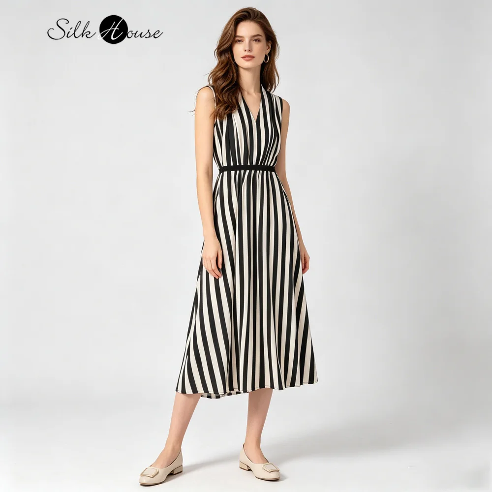 Women's Casual Summer New Modern Black/White Vertical Stripe 100% Natural Mulberry Silk Double Crepe Vacation Style V-neck Dress