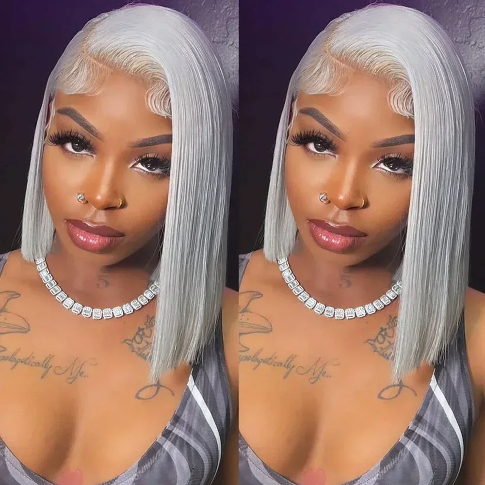 ﻿   グレーのショートボブウィッグ 13x4レースフロント人毛ウィッグ 女性用 人毛ウィッグ 100%人毛クオリティ コスプレ HD