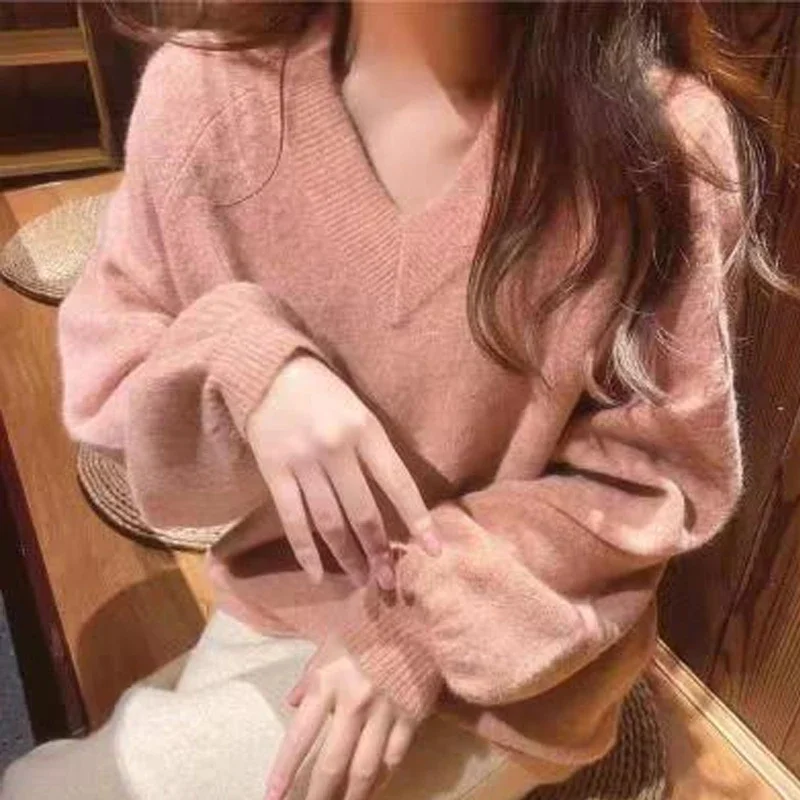 

Autumn/winter V-neck Plush Sweater Women's Korean Style Loose Lantern Sleeve Sweater Sweet Solid Color Knit Pullover 31085