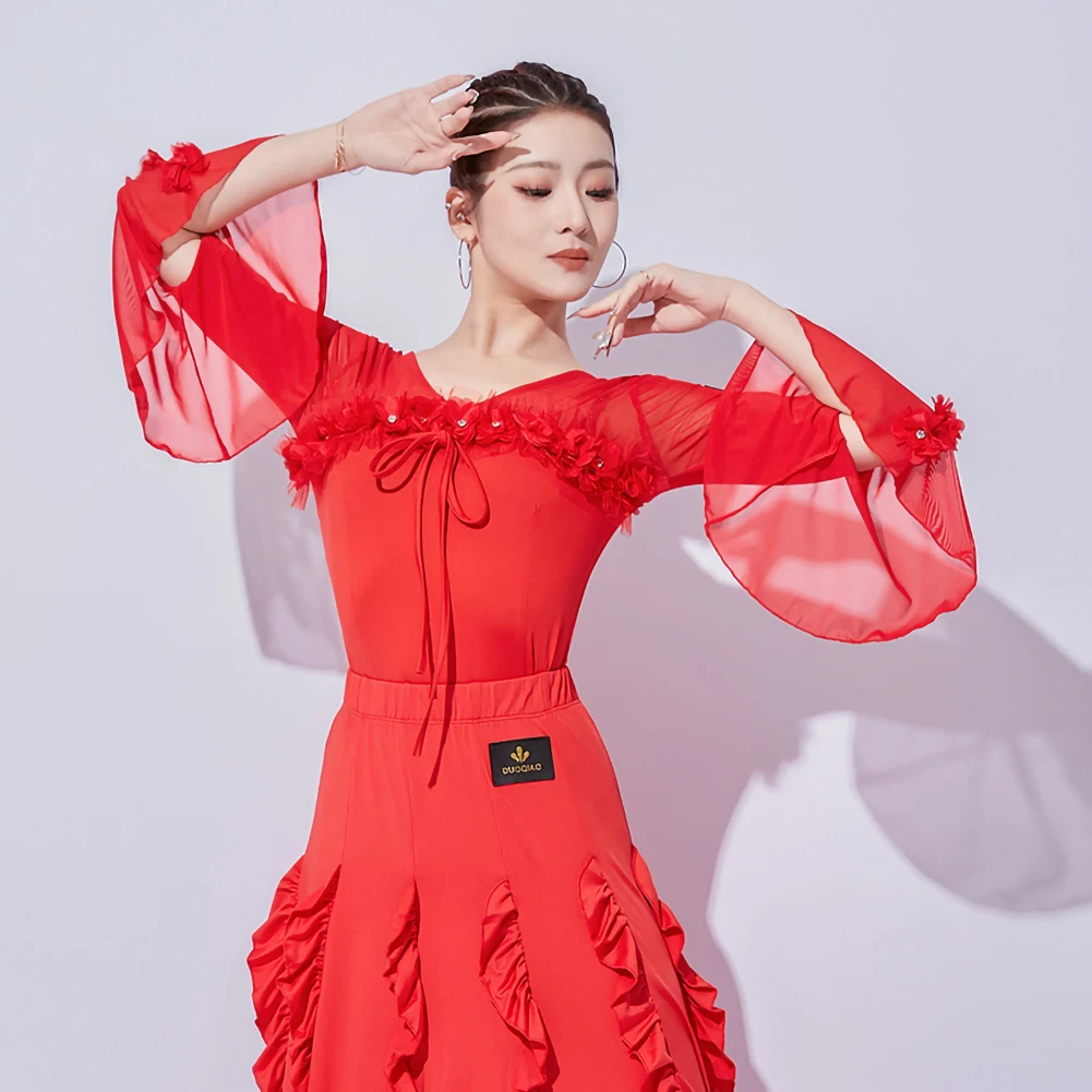

Shirt Dance Clothes Top Women's Royal Blue Latin Black Samba Rhinestone Girls Costume wine red Velvet Long Sleeve Stage Dance