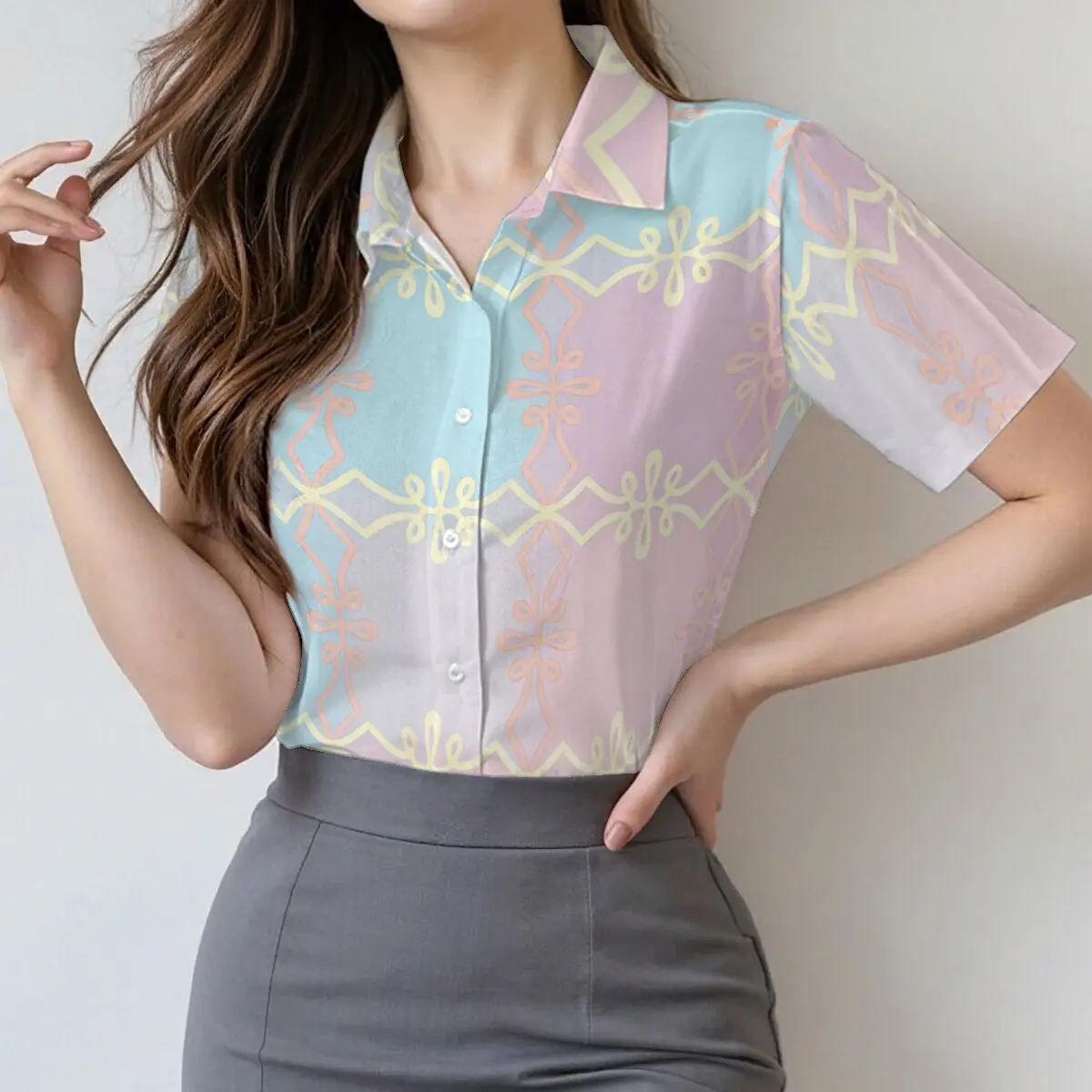 

Minimally personalized mixed dye line printed women's short sleeved lapel shirt, summer fashion daily versatile casual top