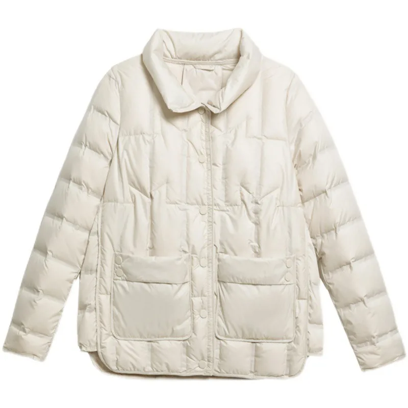 Abrigo de plumón de pato blanco para mujer, chaqueta acolchada ligera informal, corta, de una sola botonadura, cálida, para invierno, 2024, novedad de 90%