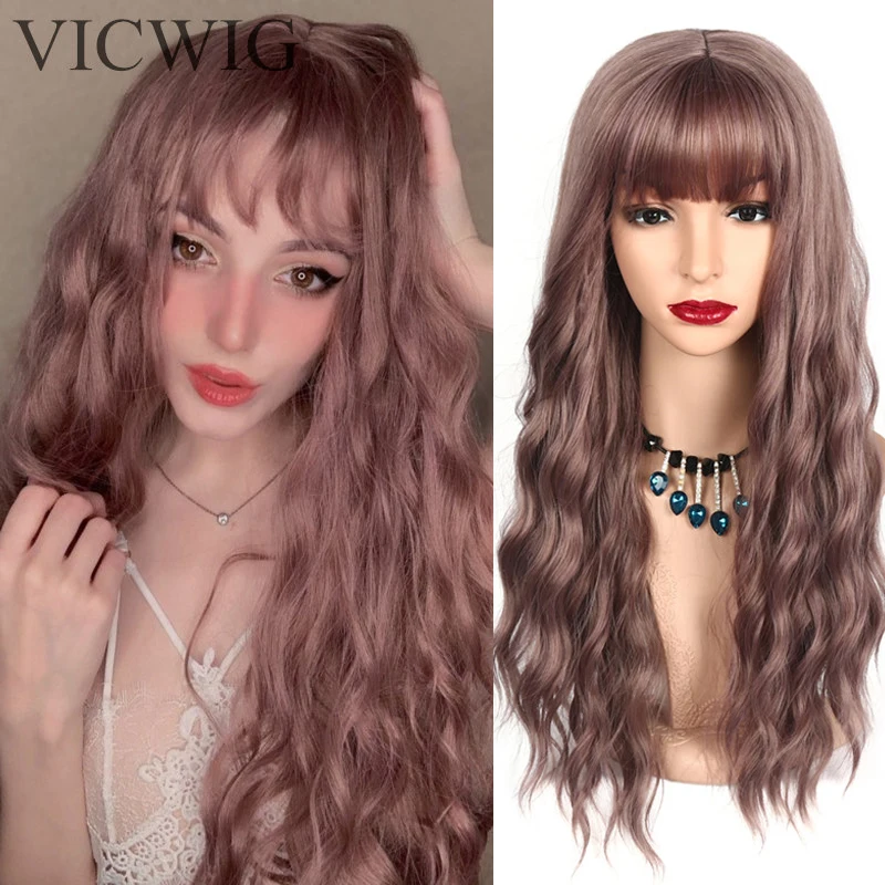 VICWIG Long Mix Pink Brown Womens Wigs With Bangs Heat Resistant Synthetic Curly Cosplay For Party African American