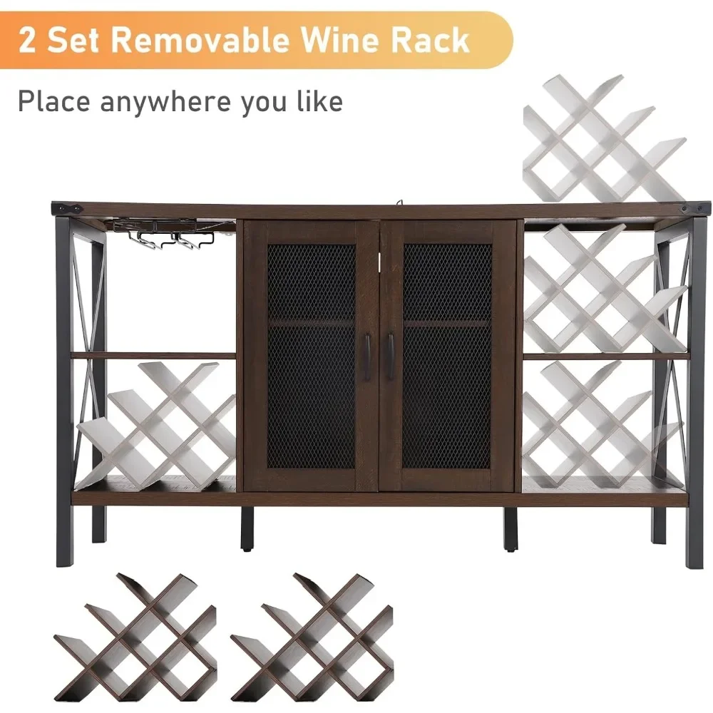 Industrial LED Bar Cabinet com Removível Wine Rack, Licor Rústico Coffee Bar, com Outlet e 16.000 Luzes Coloridas, 55"