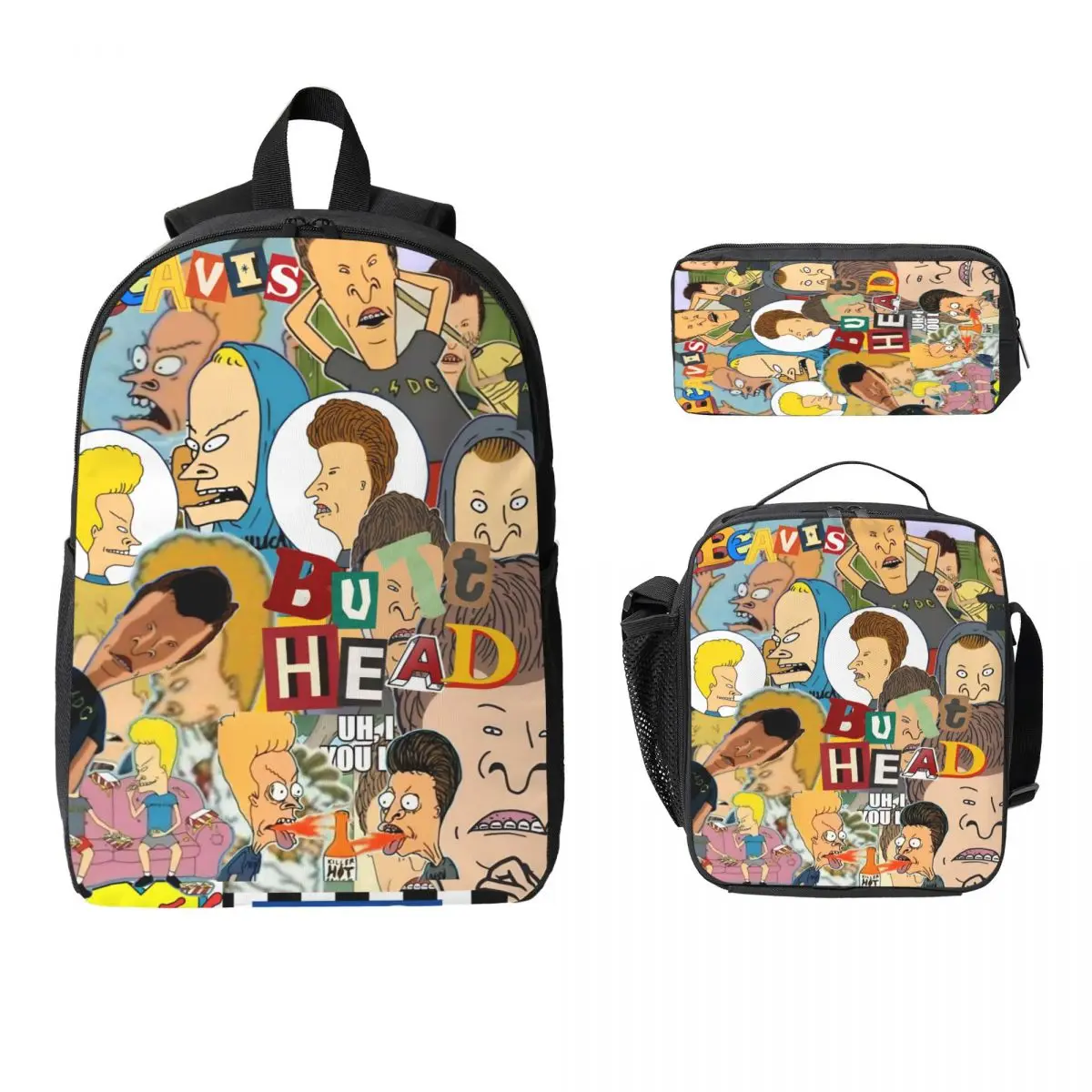 3Pcs Beavis And Butthead Backpack Set for Boy Girl Pencil Boxes Bookbag Sets with Lunch Box For School Students Knapsack