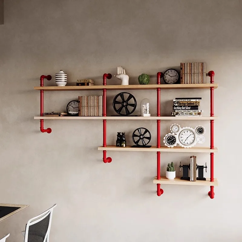 

Industrial Style Bar Bookshelf Ornament Shelf Custom Plumbing Solid Wood Wall Shelf