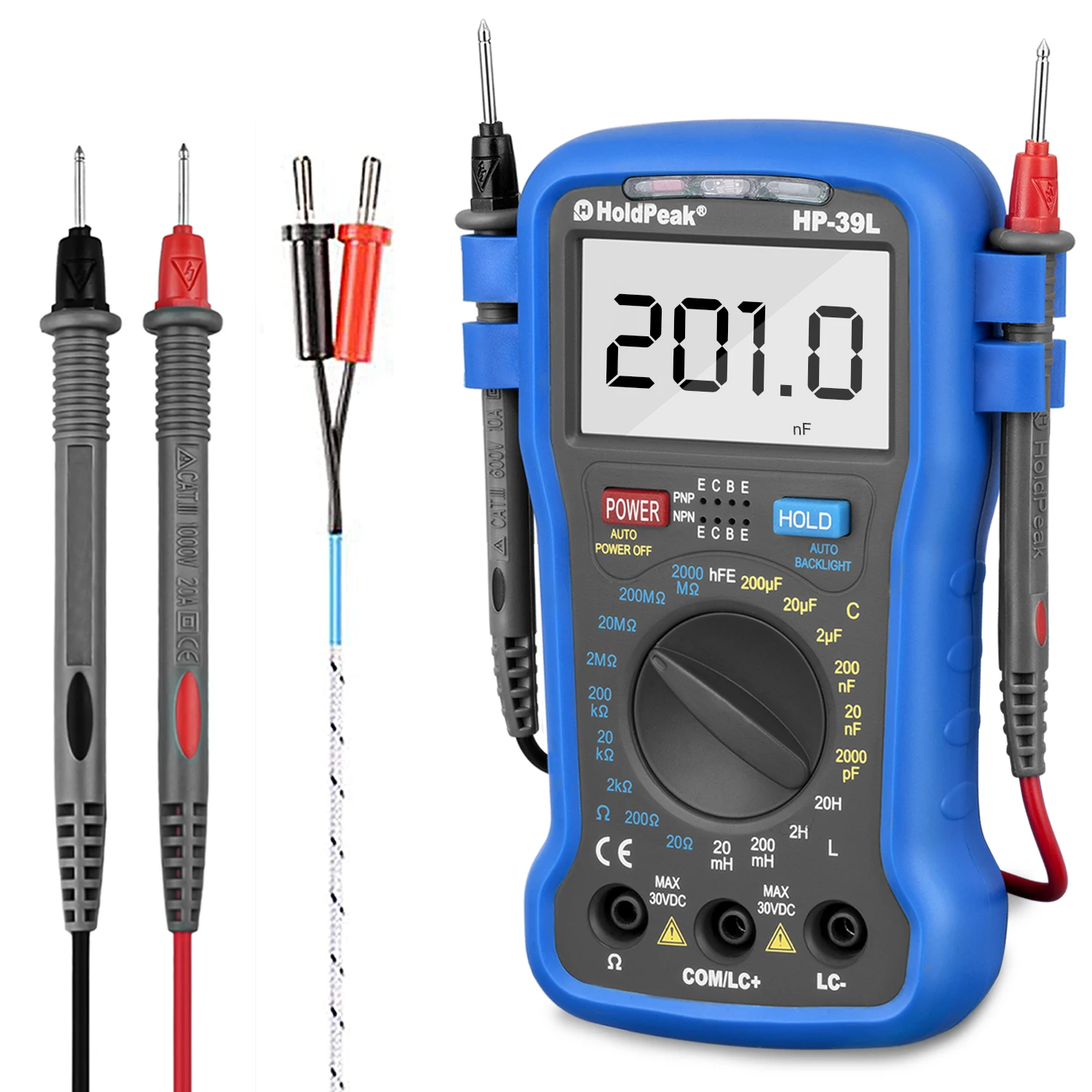 LCR Multimeter Capacitance Inductance Resistance Meter 3 1/2 Digital Handheld LCR Tester with Transistor hFE Test, Data Hold