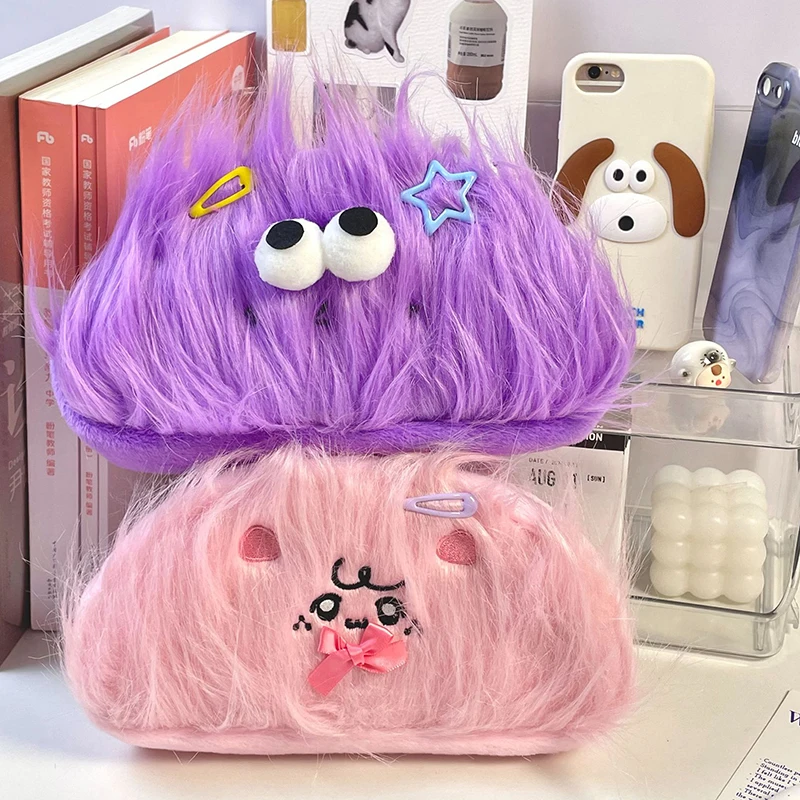 Funny DIY Fluffy Hair Doll Pen Bag Zipper Large Capacity Cartoon Soft Plush Pencil Box Multi-Function Student Stationery Storage