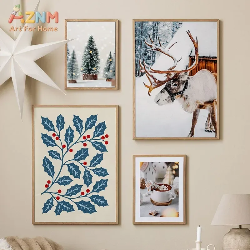 AZNM Vintage Christmas Gingerbread House Canvas Wall Art, Winter Tree Hot Cocoa Holiday Quote Print, Unframed Canvas Painting fo