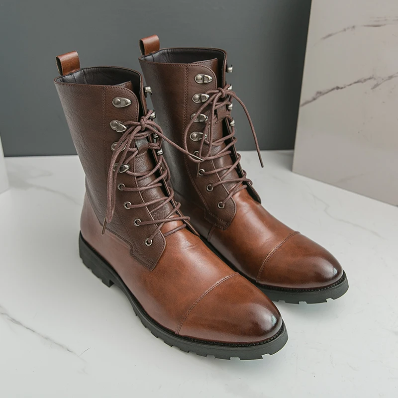 Autumn And Winter Cowboy Boots Man Vintage Brown High Boots Men Outdoor Lace up Motorcycle Shoes Men Leather Boot Large Size 48