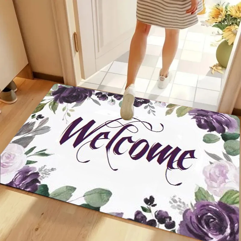 White Wood Home Sweet Home Purple Rose Wreath Bird Twig Vine Entrance Mat Non-Slip Doormat for Front Door Porch Nest