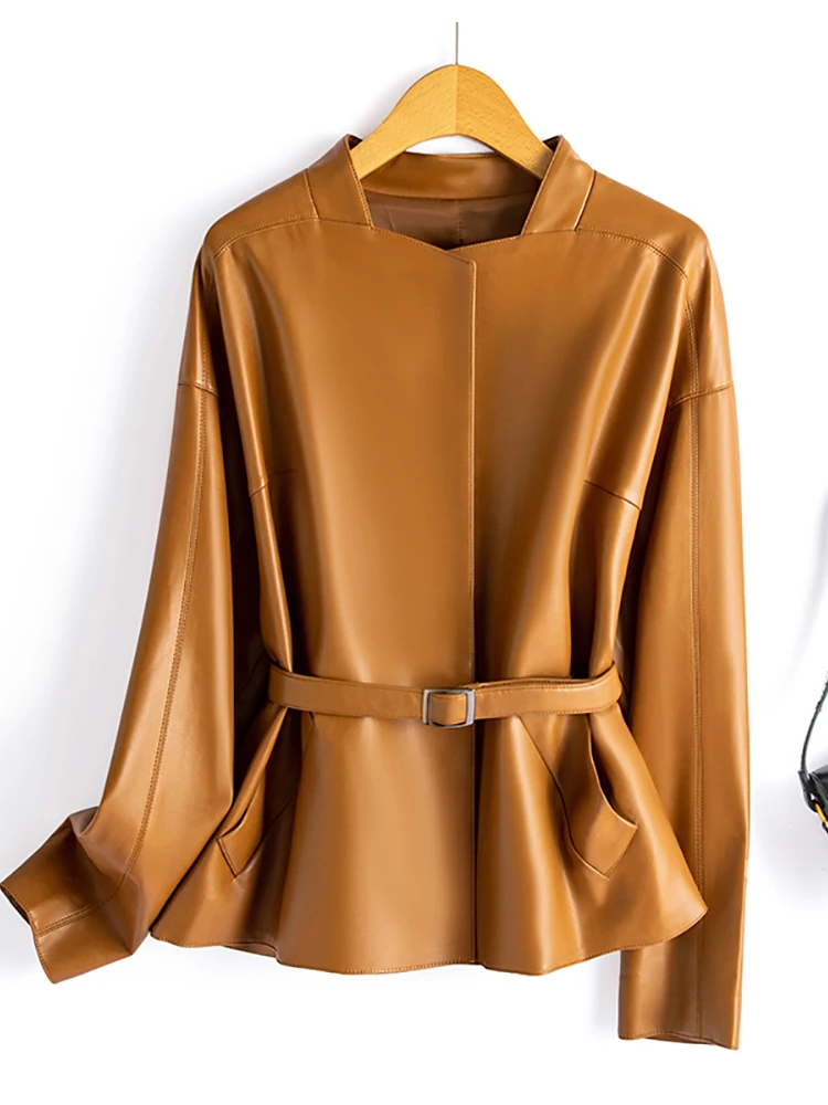 여성용 가죽 자켓 루즈한 허리 디자인 한국 스타일 봄 가을 신상품 정품 양가죽 코트 긴 소매 지퍼