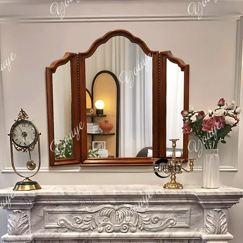 N63 French vintage trifold mirror bathroom mirror wall mounted bathroom folding bedroom dresser vintage three-sided mirror