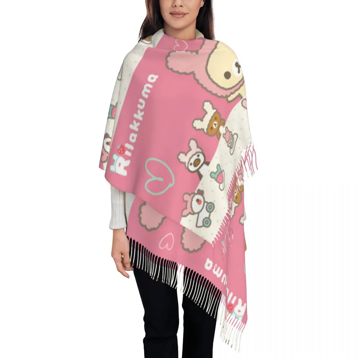 

Розовая шаль Rilakkuma с героями мультфильмов для женщин, теплый большой мягкий шарф, шарфы с кисточками из пашмины