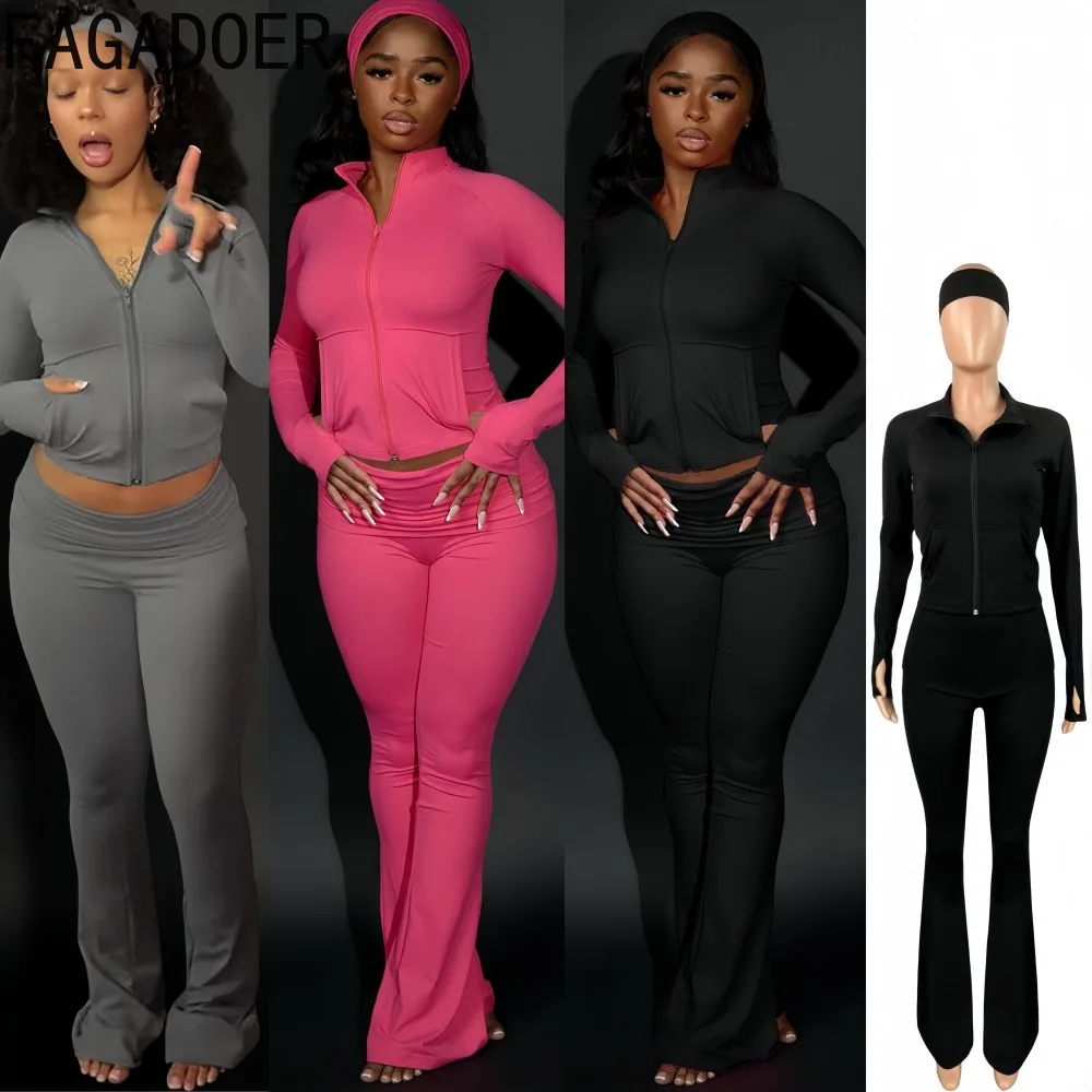 

FAGADOER Autumn New Casual Sports Two Piece Outfits Woman Solid Color Long Sleeve Crop Top and Flare Pants Female Streetwear