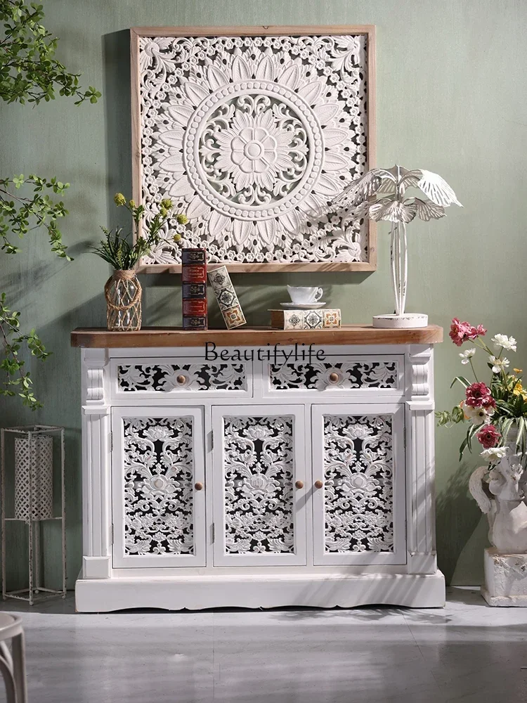 

LFrench Retro Porch Solid Wood Storage White High Cabinet Storage Country Decoration Corner Cabinet
