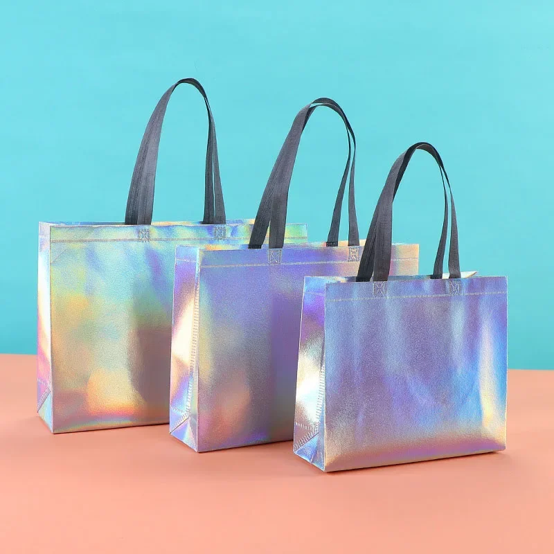 

Holographic Non-woven Tote Bag Reusable Laser Shopping Handbag for Retail Store Gift Daily Shopping Packaging
