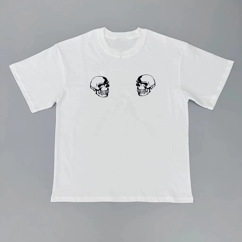 KK11 Number Nine N9 Skeleton Guitar Short Sleeve T-shirt Vintage Pop Print Black and White Couple