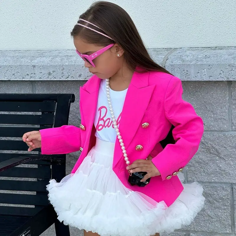 1-10Y Pink Blazer Kids Jackets Clothing Double Breasted Button Autumn Coats For Children's Girl Wedding Party Outerwear Clothes