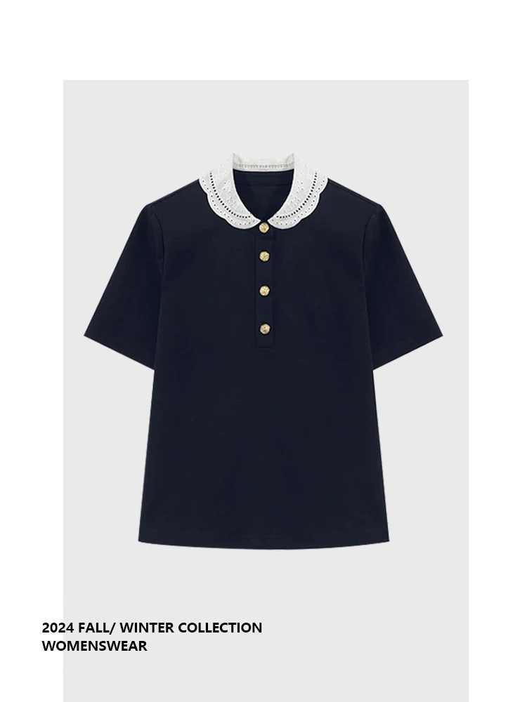 

Летний женский топ La Chapelle из плотного водорастворимого кружева с цветными вставками и воротником-стойкой