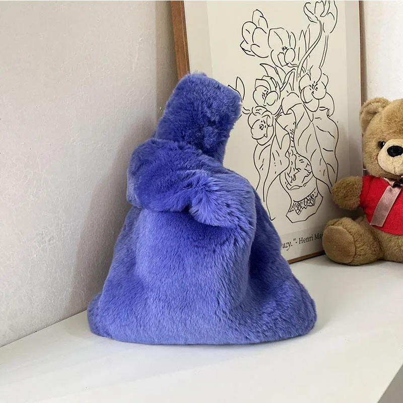 

Real Rex Rabbit Fur Cartoon Anime Plush Handbag Travel Storage Bag Women Girl Gifts Niche Plush Cuct Fashion Designer