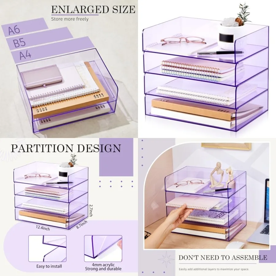 

4 Tier Acrylic Paper Tray.4 Stackable Letter Clear Organizer No Need to Assemble Acrylic Paper File Organizer for Office Worksp