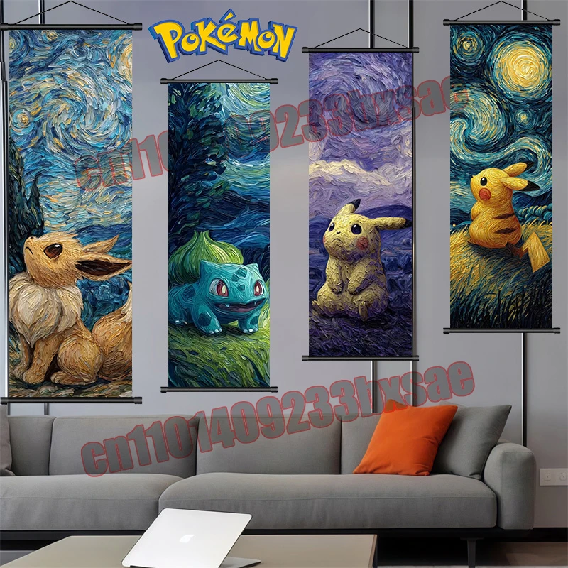 

High-quality Anime Pokemon Scroll Painting, Pikachu Eevee Bulbasaur Charmander Printing Art Cloth, Home Art Wall Decoration Gift