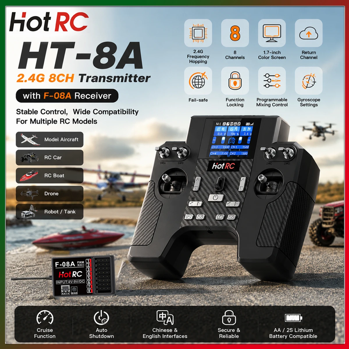Image of Hotrc HT-8A 2,4G 8-Kanal Sender HT8A Funkfernsteuerung mit F-08A Empfänger für RC Hubschrauber Flugzeug Auto Schiff Panzer Roboter