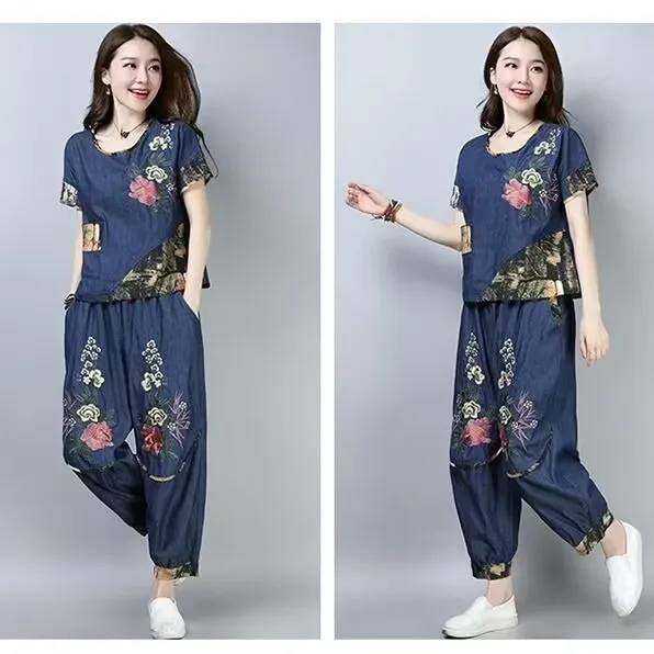 Ethnic Style plus Size Women's Suit Summer New Splicing Embroidery Flower Fashion Top Wide Leg Pants Three Piece Set Casual Wear