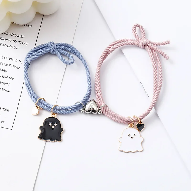 2Pcs/Set Ghost Braided Rope Matching Couple Bracelet for Women Men Romantic Heart Magnetic Distance Bracelets Halloween Jewelry