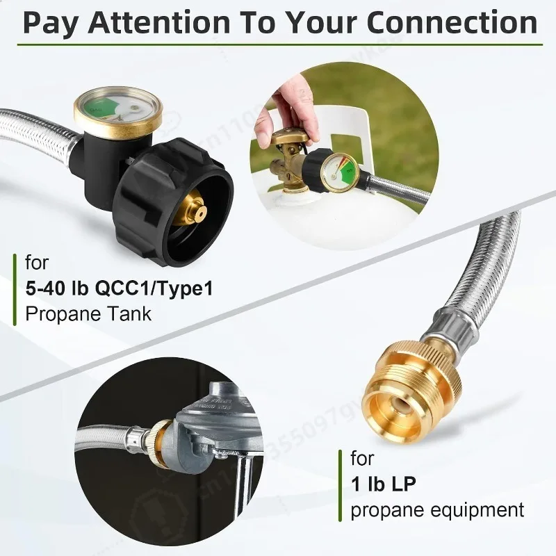 6 Feet Propane Gas Line with Pressure Gauge & QCC1 Fitting, Universal Replacement Hose for North American Gas Grill and Outdoor