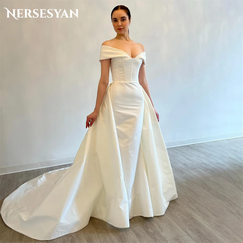 

Nersesyan Elegant Pure Satin Wedding Dresses Mermaid Off Shoulder Backless Bridal Gowns With Train Bride Dress robe de mariée