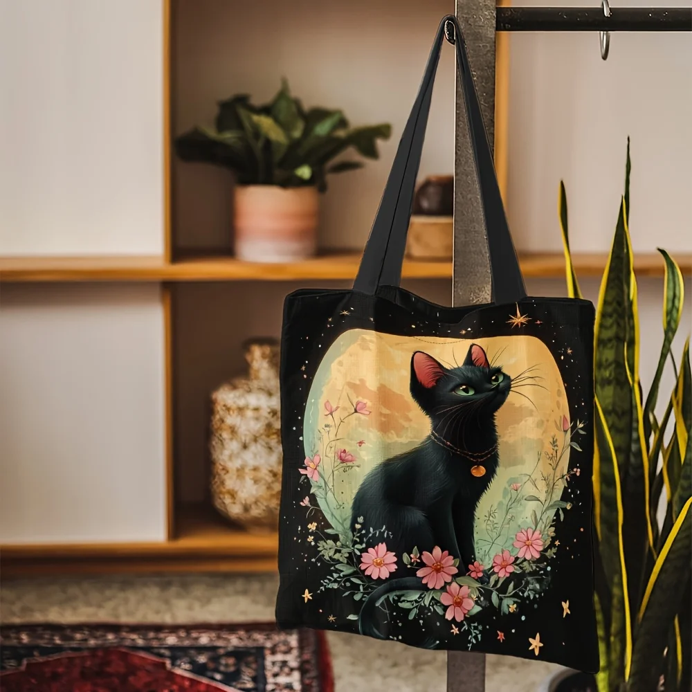 1pc Charming Black Cat & Floral Wreath Tote Bag Durable Spacious Shoulder Bag for Women for Shopping Daily Use Cat Lover Gifts