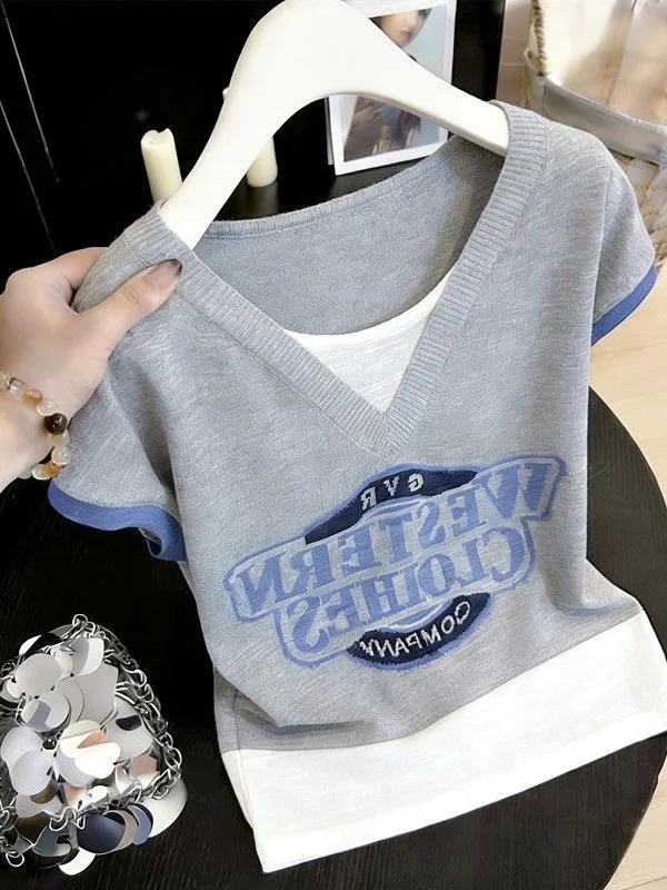 

plus Size Women's V-Neck Short Sleeve T-Shirt Loose Slimming Belly Covering Letter Print Trendy Top Korean Style Commute Wind