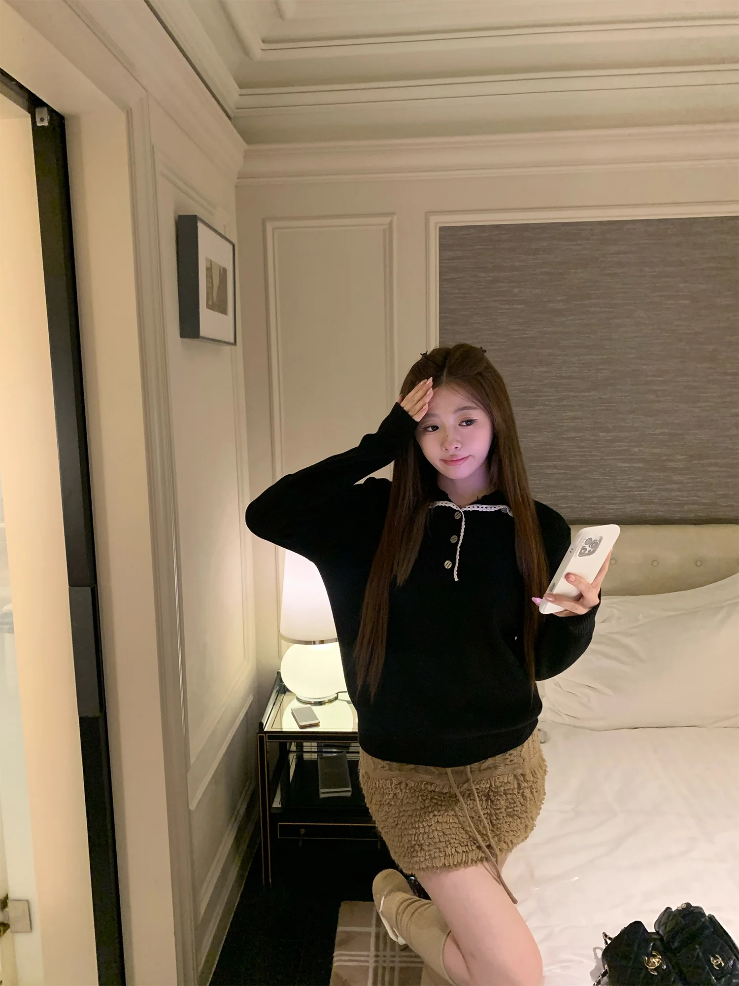 

Женский вязаный свитер OKJJ с флисовой подкладкой, в корейском стиле, с кружевной отделкой, воротником-стойкой, модный, с отложным воротником, для базового гардероба