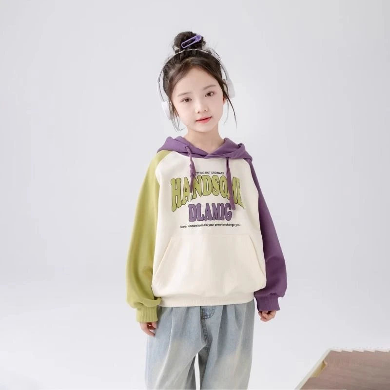 2026 New Girls Spring Hoodie Korean Loose Color Block Sweatshirt Casual Kids Outerwear Tops Clothes