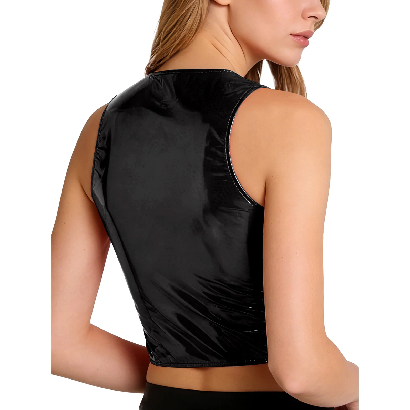 Women PU Leather Zip Up Crop Vest Sleeveless Slim-fit Wet Look Tank Tops Pole Dancing Nightclub Rave Party Motorcycle Costume