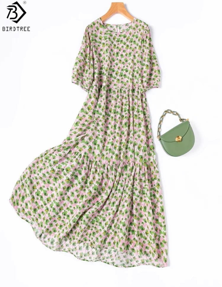 

BirdTree 100% Silk Puff Sleeve Dress,Woman Double Crepe O-neck Floral Print Lengthening Dress,2025 Summer D56528JF