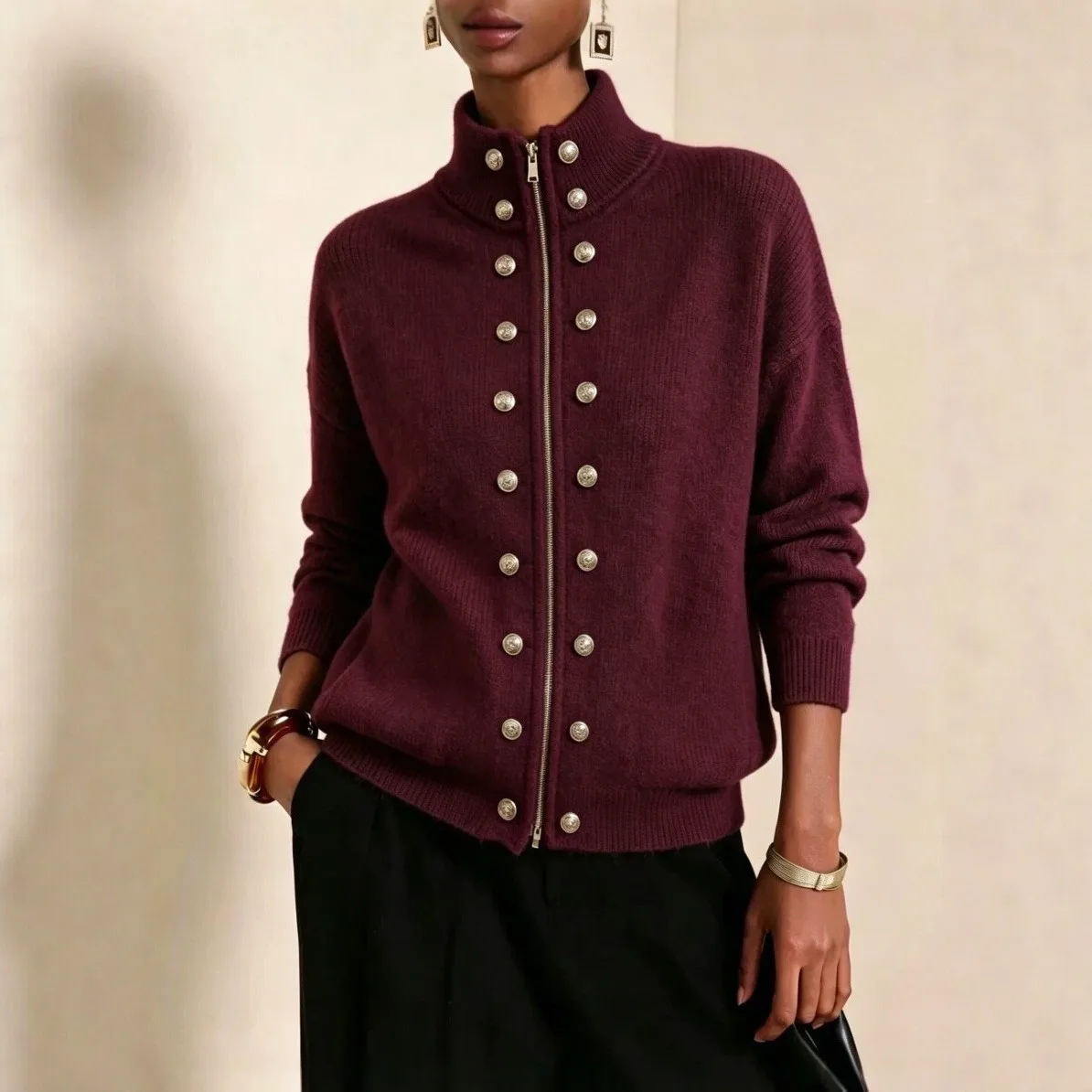 Women Knititng Sweater 2026 Autumn New Women Double Breasted Stand Collar Zip Knit Cardigan Loose Cropped Sweater Coat